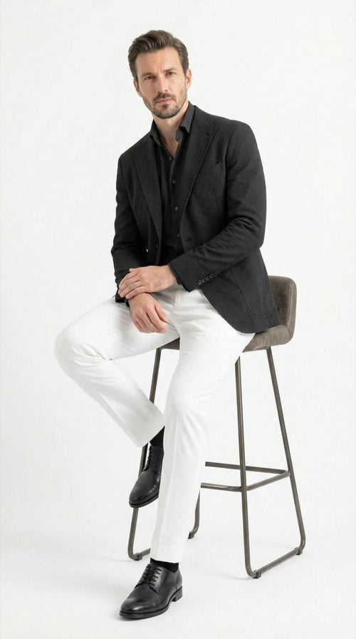 Mens Black Seersucker Blazer - Textured Two-Button Notch Lapel Formal & Summer Sport Jacket in Black Tone-on-Tone Cotton Fabric