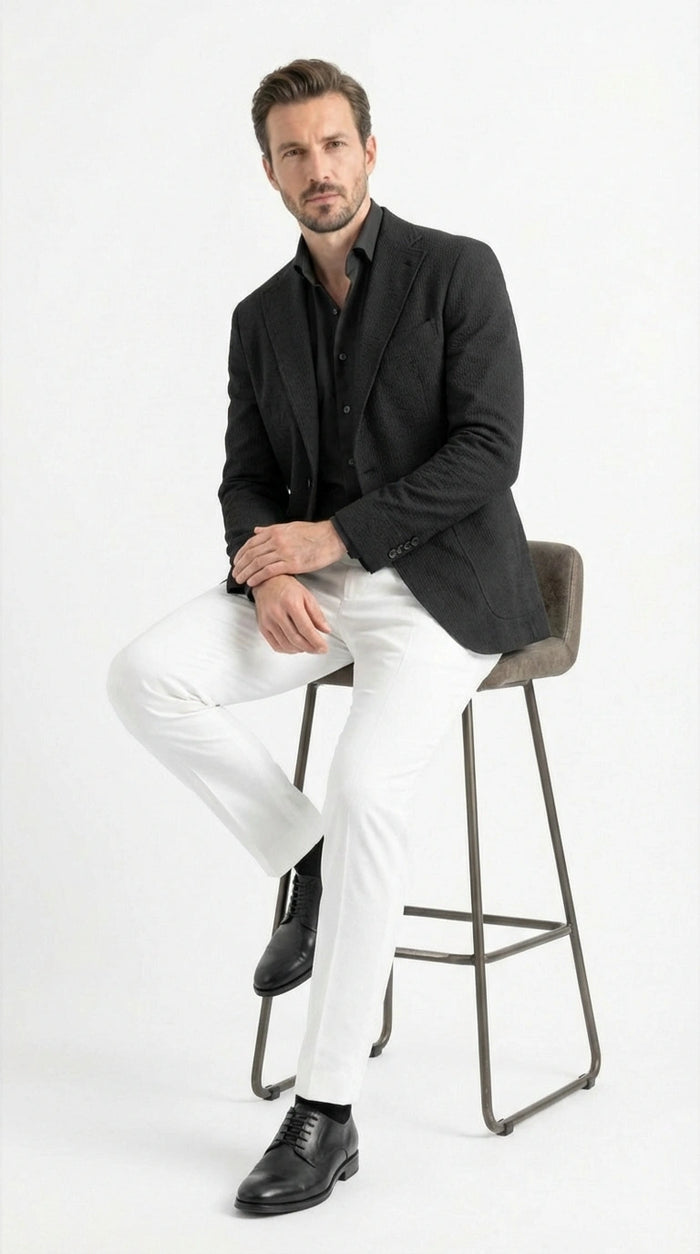 Mens Black Seersucker Blazer - Textured Two-Button Notch Lapel Formal & Summer Sport Jacket in Black Tone-on-Tone Cotton Fabric
