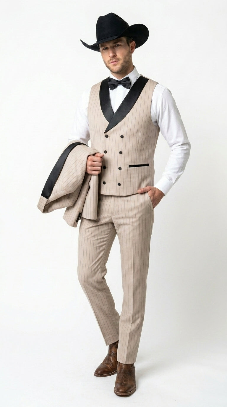 Men’s Beige Pinstripe Western 3 Piece Tuxedo Suit with Black Shawl Lapel, Formal Cowboy Wedding Prom Suit in Tan Khaki Color - 34 Short or Extra Small
