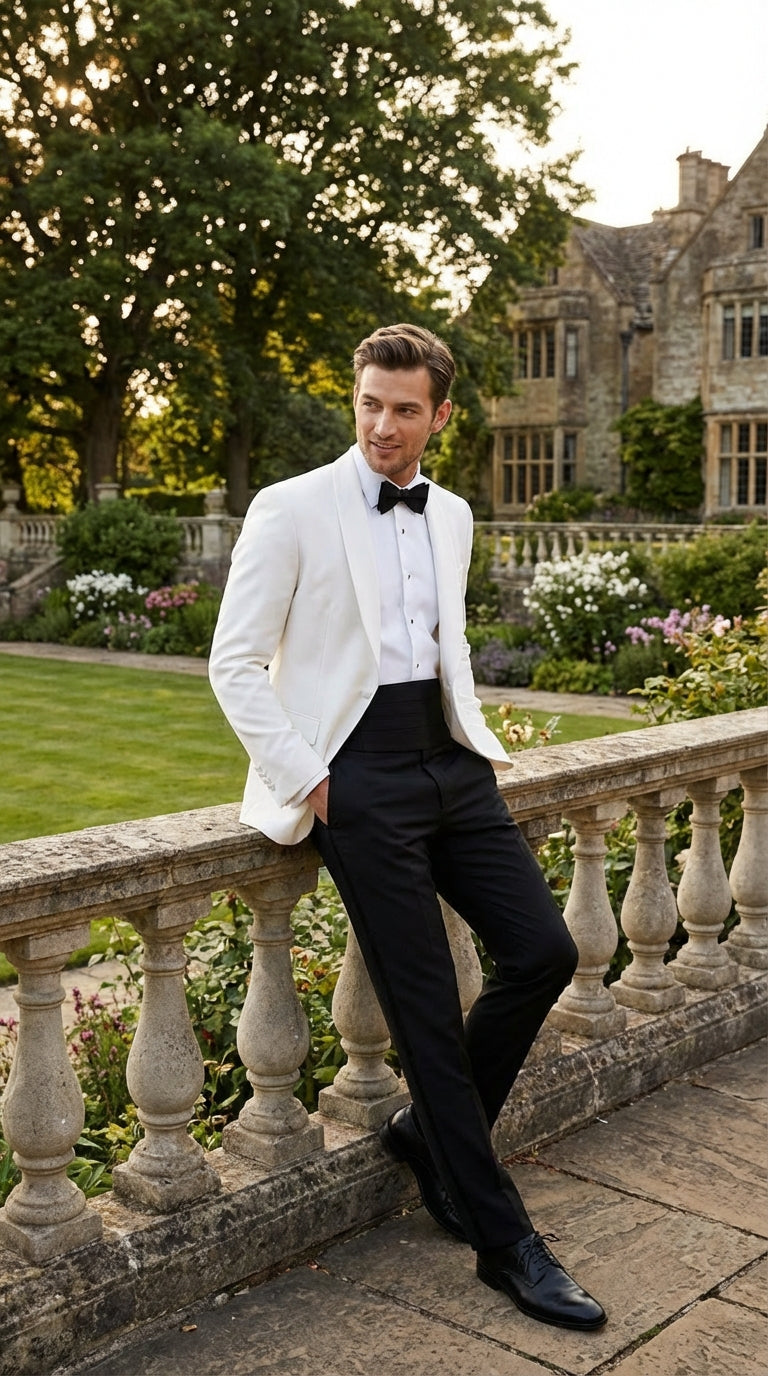 Men's White Dinner Jacket Tuxedo Blazer with Black Satin Shawl Lapel  With Black Tuxedo Pants - 34 Short or Extra Small