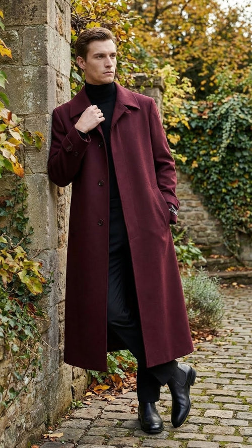Mens Full-Length Burgundy Overcoat - Microfiber 4 season fabric  Long Formal Coat with Classic Tailored Maxi Duster Coat