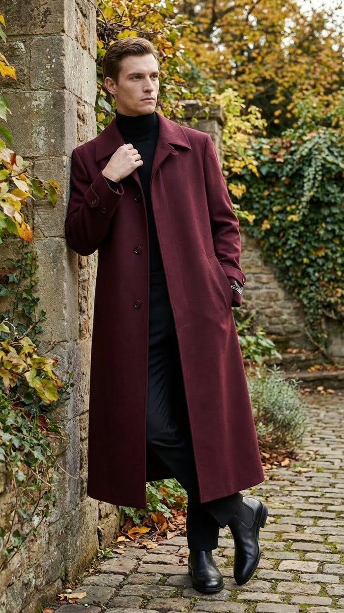 Mens Full-Length Burgundy Overcoat - Microfiber 4 season fabric  Long Formal Coat with Classic Tailored Maxi Duster Coat