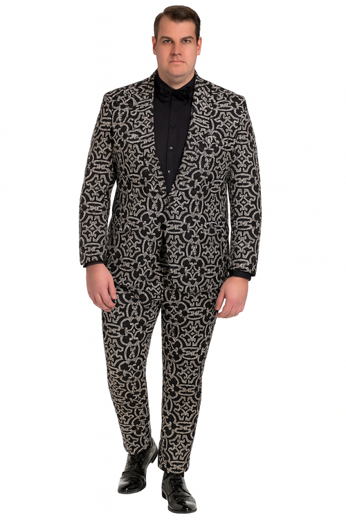 Mens Black and Silver Sequin Tuxedo Slim Fit 2-Piece Party and Wedding Suit with Sparkling Design- Black and White Color