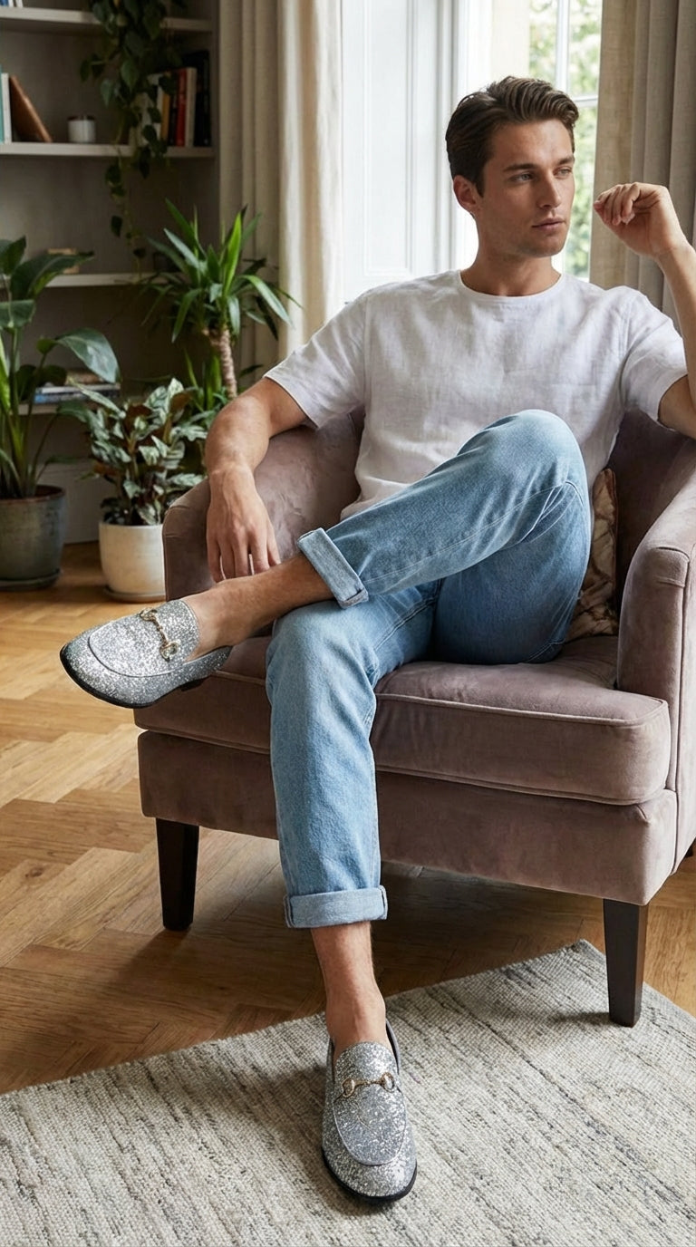 Men's Silver Gray Glitter Loafers | Sparkly Dress Shoes for Wedding, Prom, Party & Formal Events - 6