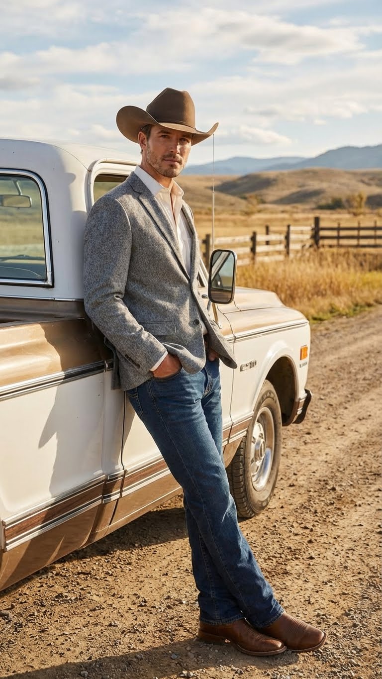 Men's Grey Tweed Herringbone Western Blazer Jacket  Style Look, Textured Formal Casual Sport Coat for Jeans - 34 Short or Extra Small