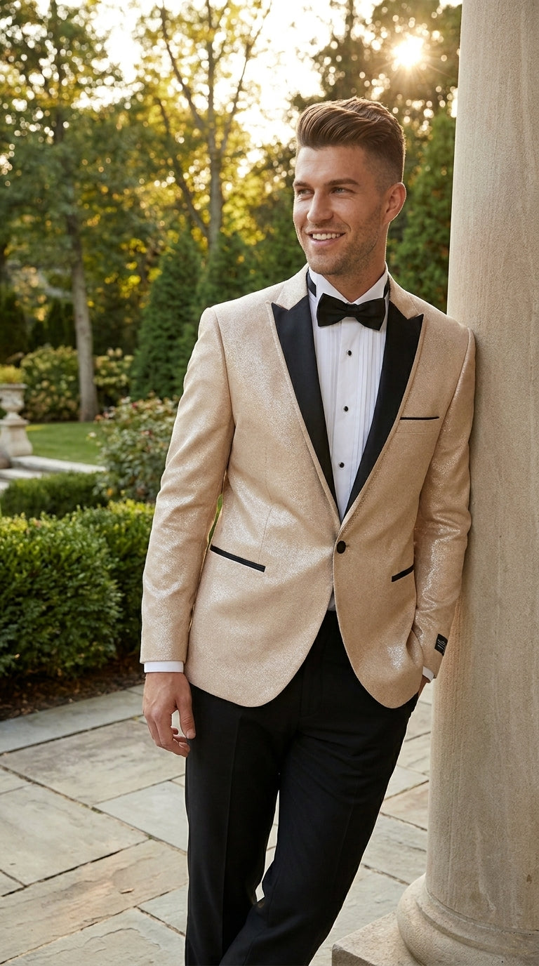 Men’s Gold Blazer with Black Lapel – Elegant Gold Formal Blazer Jacket for Wedding, Prom, Tuxedo in champagne Color - 36 Short
