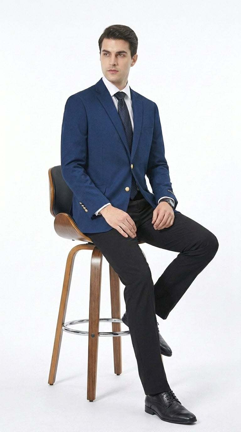 Men’s Sapphire Indigo Cobalt Blue Blazer with Gold Buttons – Classic Single Breasted Formal Business Jacket for Office, Wedding - 36 Short