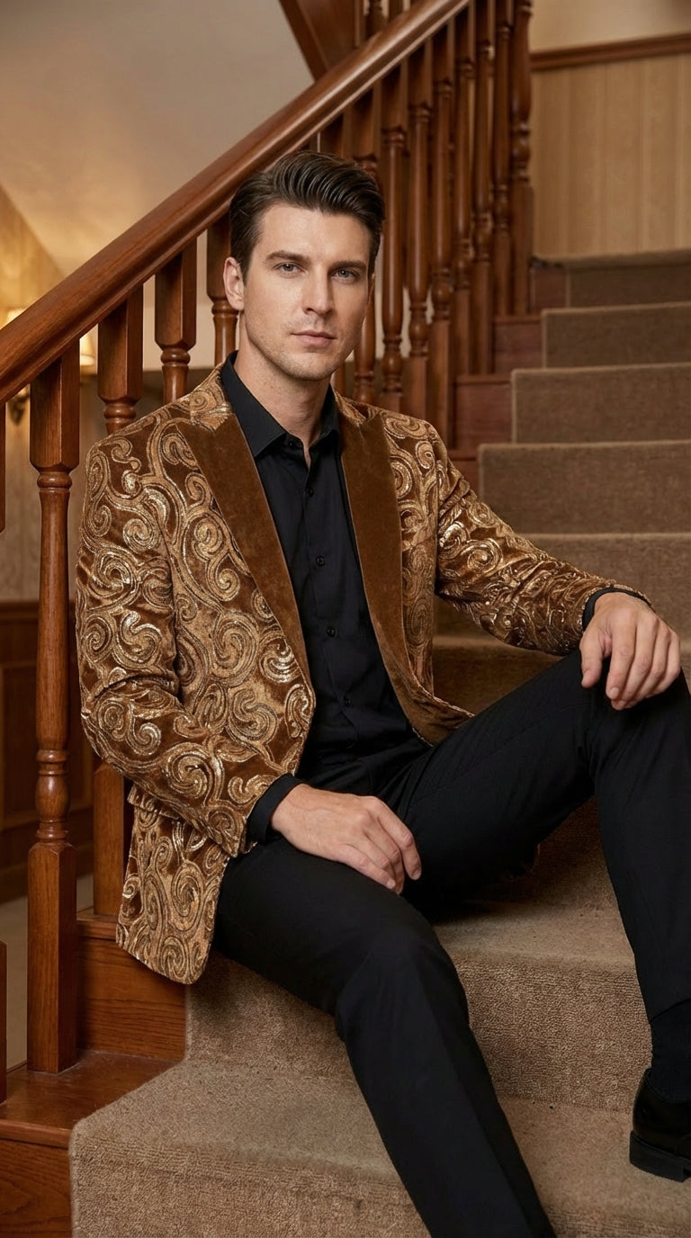 Men's Light Brown & Gold Baroque Embroidered Blazer Jacket | Tuxedo Dinner Jacket - 34 Short or Extra Small