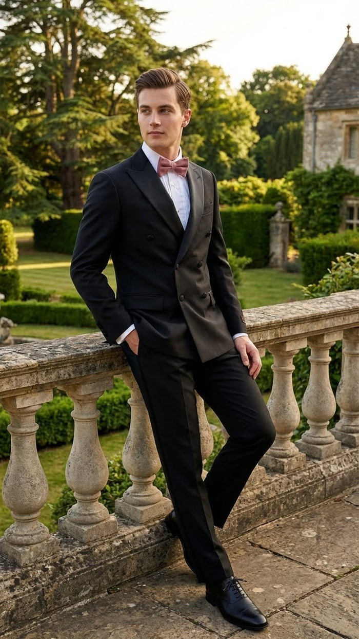 Tiglio Brand 100% Wool Super 150s Italian fabric Mens Classic Black Double-Breasted Tuxedo with Satin Peak Lapel Formal Wedding & Gala Suit Set