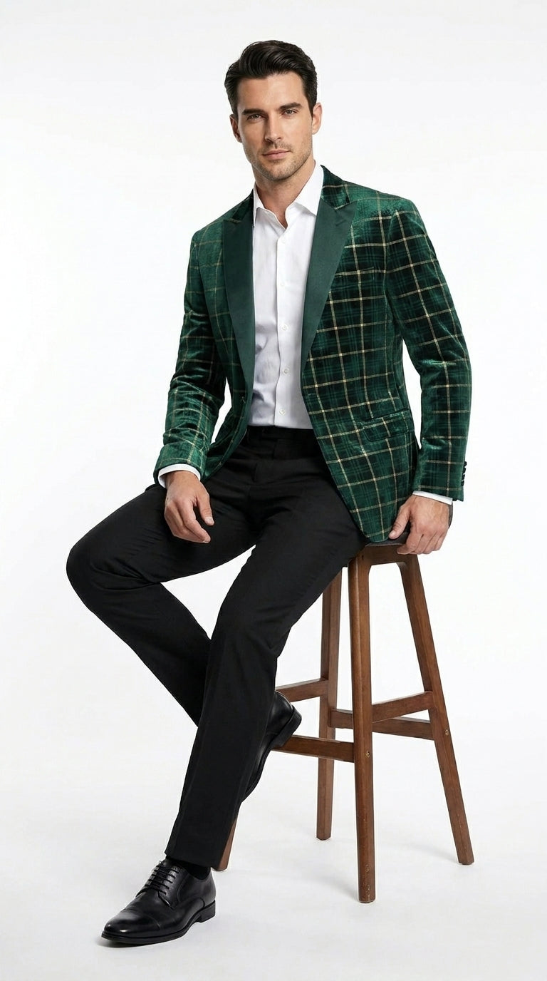 Men’s Green and Gold Plaid Christmas Holiday Blazer – Classic Check Party Jacket for New Year, Wedding and Festive New Year event - 36 Short