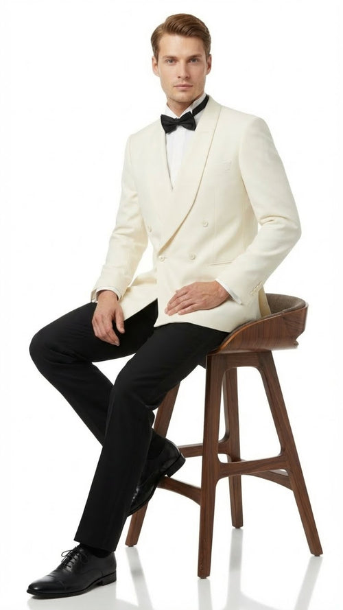 Mens Ivory Double-Breasted Shawl Lapel Tuxedo Jacket | Premium Formal Dinner Jacket for Weddings and Black-Tie Events