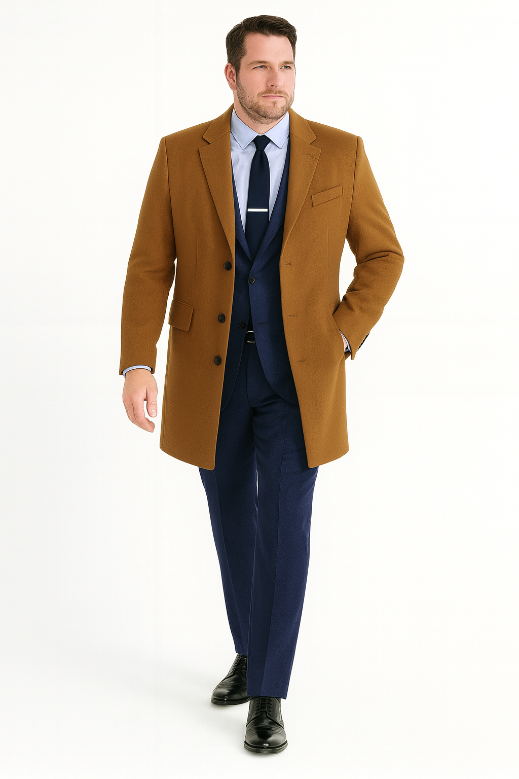 Men’s Camel Brown Wool Overcoat – Classic Long Dress Coat for Business and Casual Wear in Vecuna Color - Coat Size 38