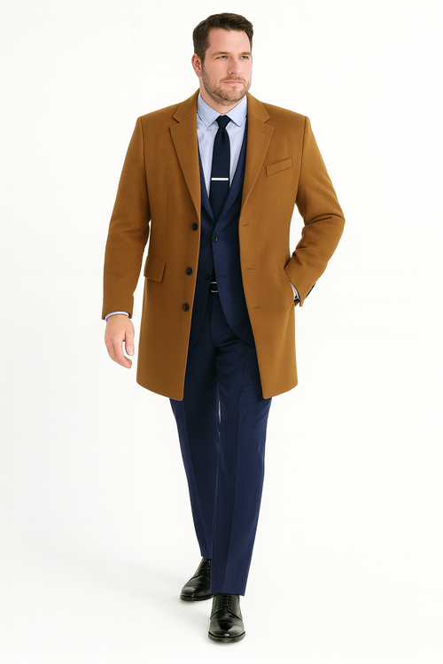 Mens Camel Brown Wool Overcoat â€“ Classic Long Dress Coat for Business and Casual Wear in Vecuna Color