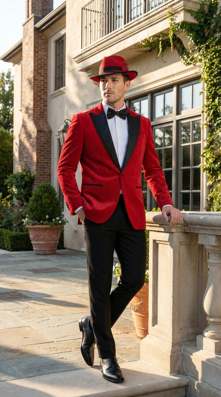 Men’s Red Velvet Fabric Rhinestone  Blazer with Matching Red and Black Hat – Christmas New Year Holiday Party Jacket Set - 36 Short