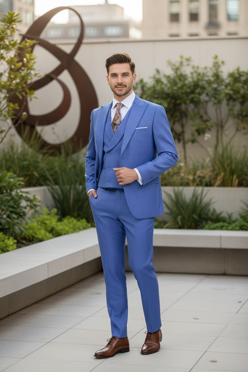 Mens Light Blue Double-Breasted 3-Piece Suit Set Tailored Fit Formal Business Suit in Steel Blue Sky Blue Color