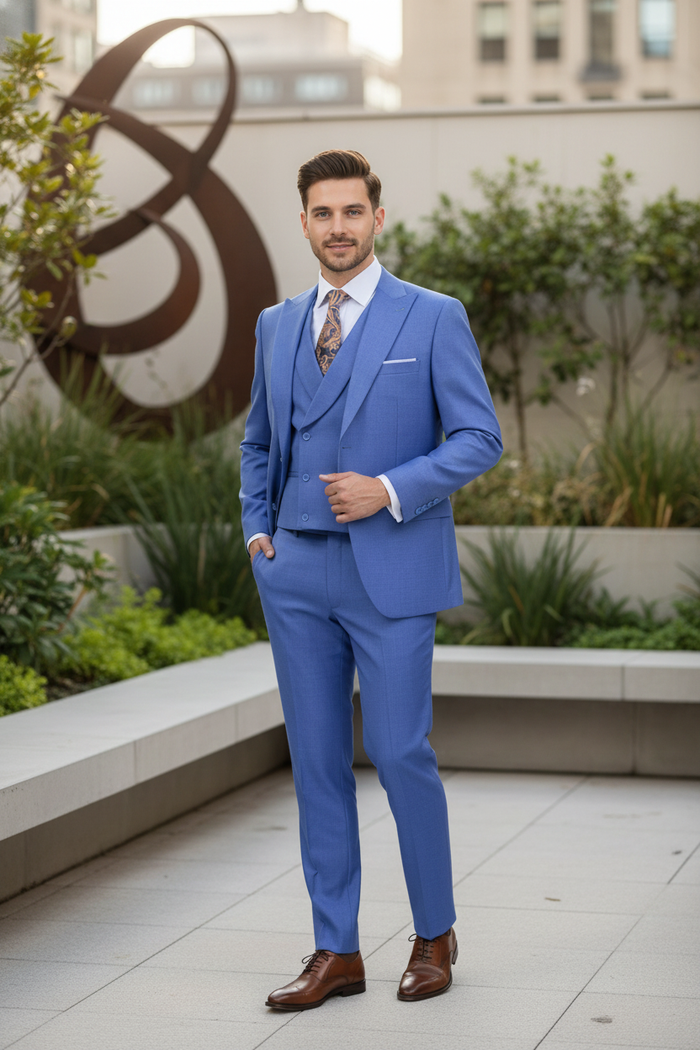 Mens Light Blue Double-Breasted 3-Piece Suit Set Tailored Fit Formal Business Suit in Steel Blue Sky Blue Color