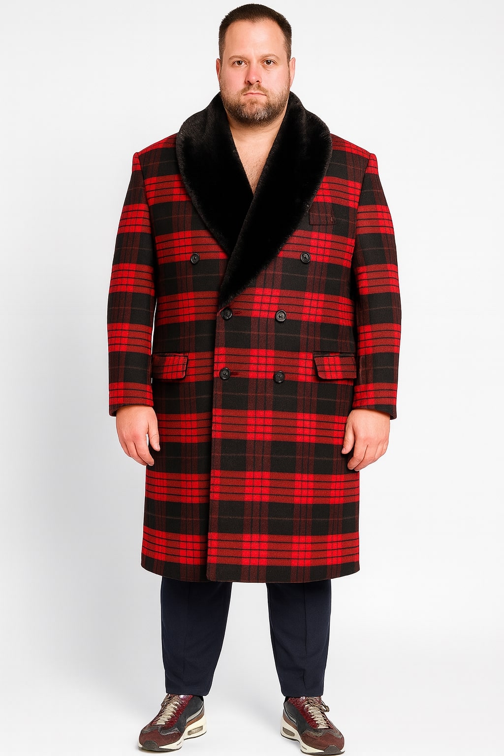 Mens Red and Black Plaid Wool Overcoat with Black Faux Fur Shawl Collar – Double-Breasted Winter Coat - Tartan Design - Coat Size 38
