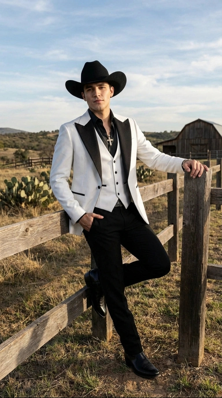 Men’s White Cowboy Tuxedo with Black Satin Lapel – Western Formal Suit with Matching Vest - 34 Short or Extra Small