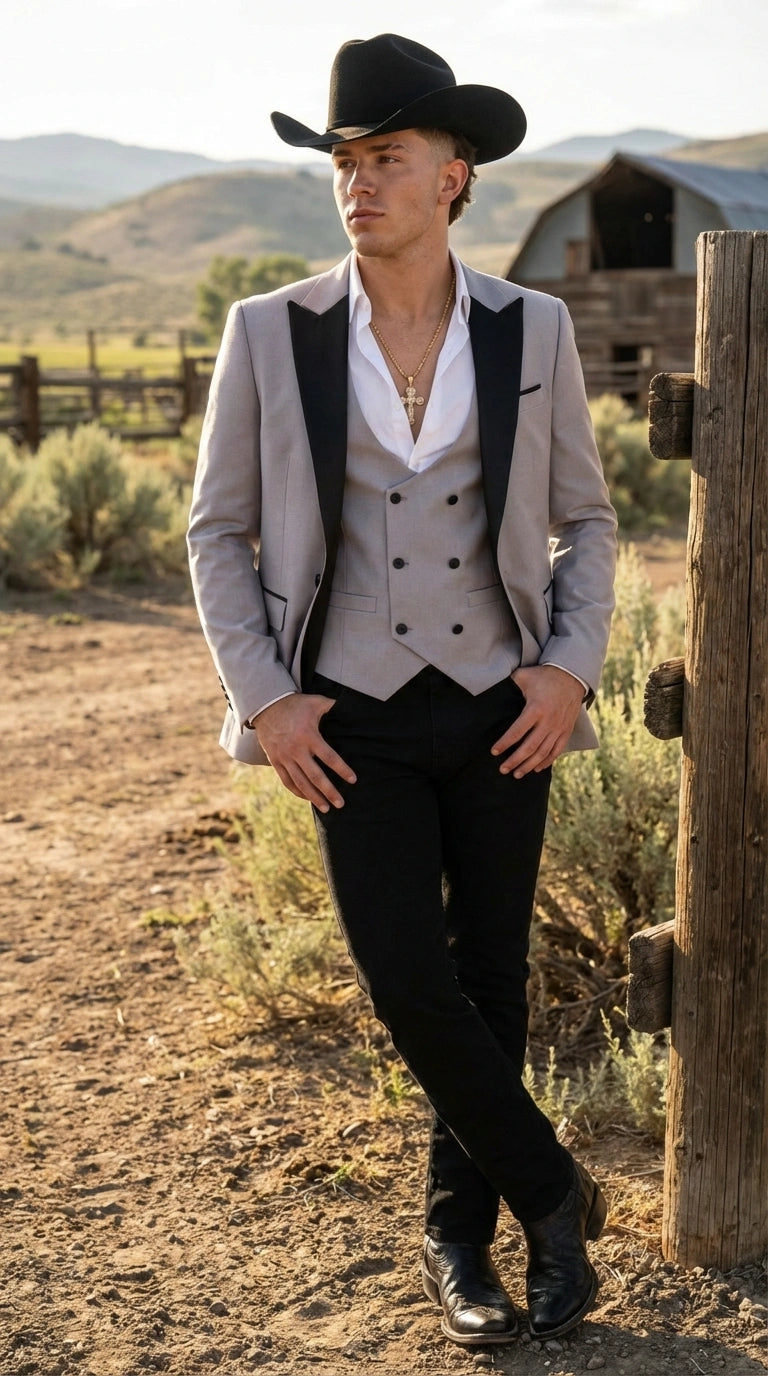 Men’s Light Gray Cowboy Tuxedo with Black Satin Lapel – Western Formal Suit with Double Breasted Vest - 34 Short or Extra Small