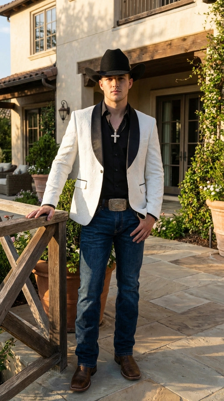Men’s White Cowboy Blazer with Black Shawl Lapel – Western Formal Jacket for Wedding and Special Events - 36 Short