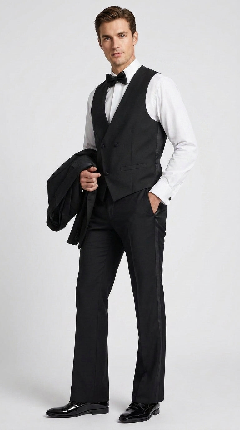 Men’s Black Boot Cut 3-Piece Tuxedo Suit – Peak Lapel Wedding, Prom and Formal Suit 1970s Style - 34 Short or Extra Small