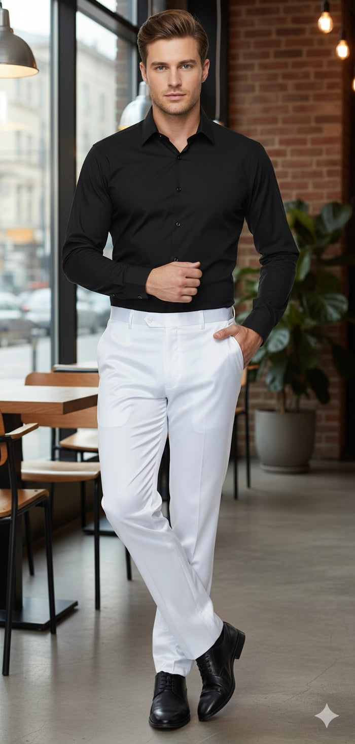 Mens White Satin Slim Fit Dress Pants Shiny Formal Party and Wedding Trousers