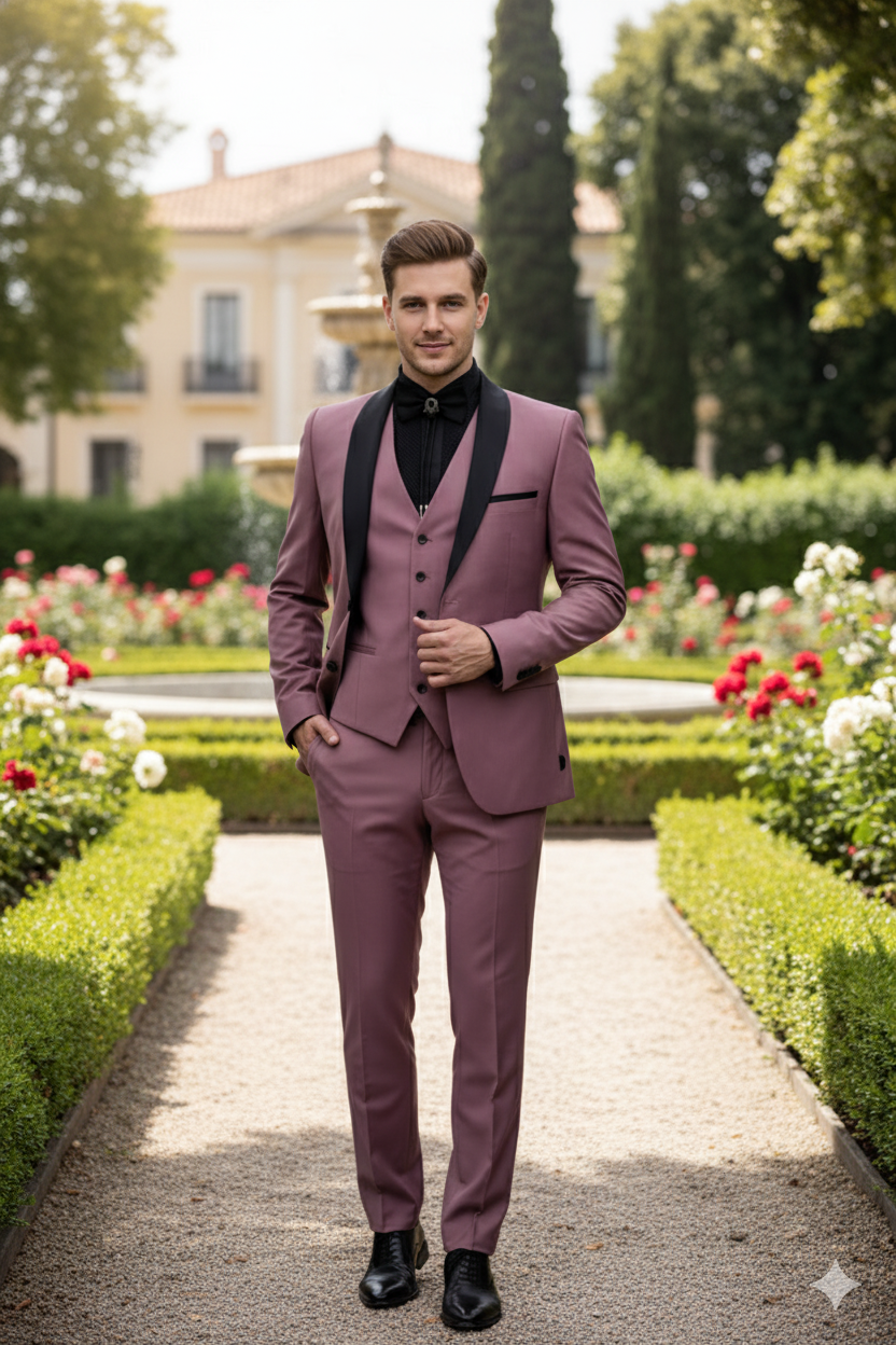 Men's Rose Pink Tuxedo Suit Luxury Three-Piece Formal Wear with Black Satin Lapel Dusty Mauve Color
