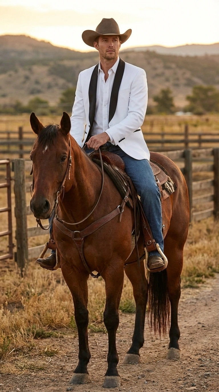 Men’s White Cowboy Blazer with Black Satin Lapel – Western Formal Tuxedo Style Jacket - 36 Short