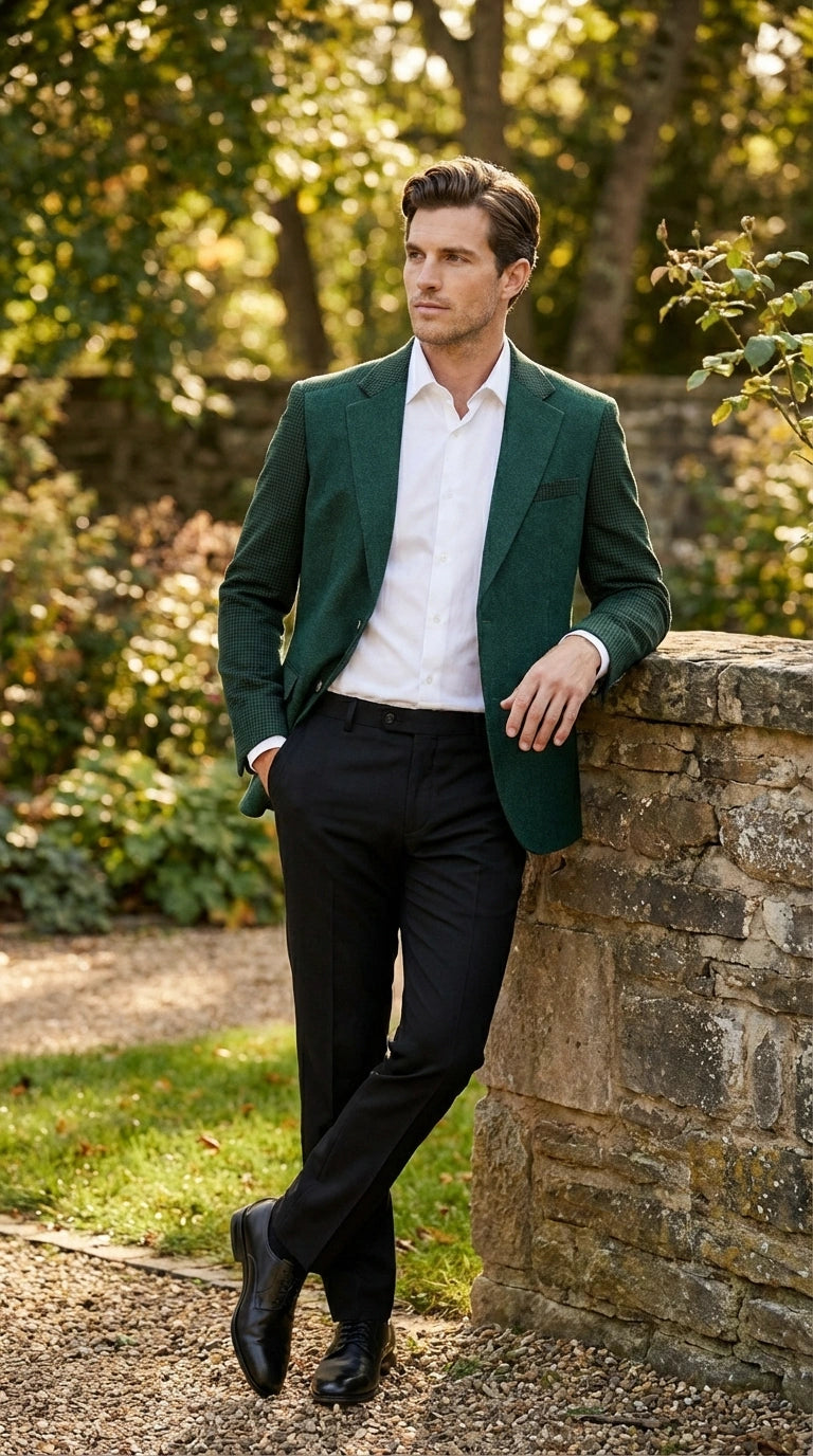 Zacchi Brand Men’s Dark Green Textured Blazer – Classic Single Button Sport Coat with Notch Lapel Formal Jacket - 36 Short