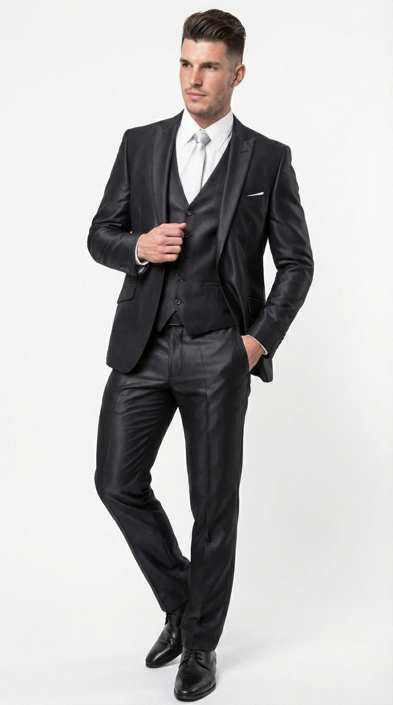 Men’s Black Three Piece Suit – Modern Fit 3PC Formal Suit with Vest for Wedding, Prom and Business Events Sharkskin Shiny Fabric - 34 Short or Extra Small