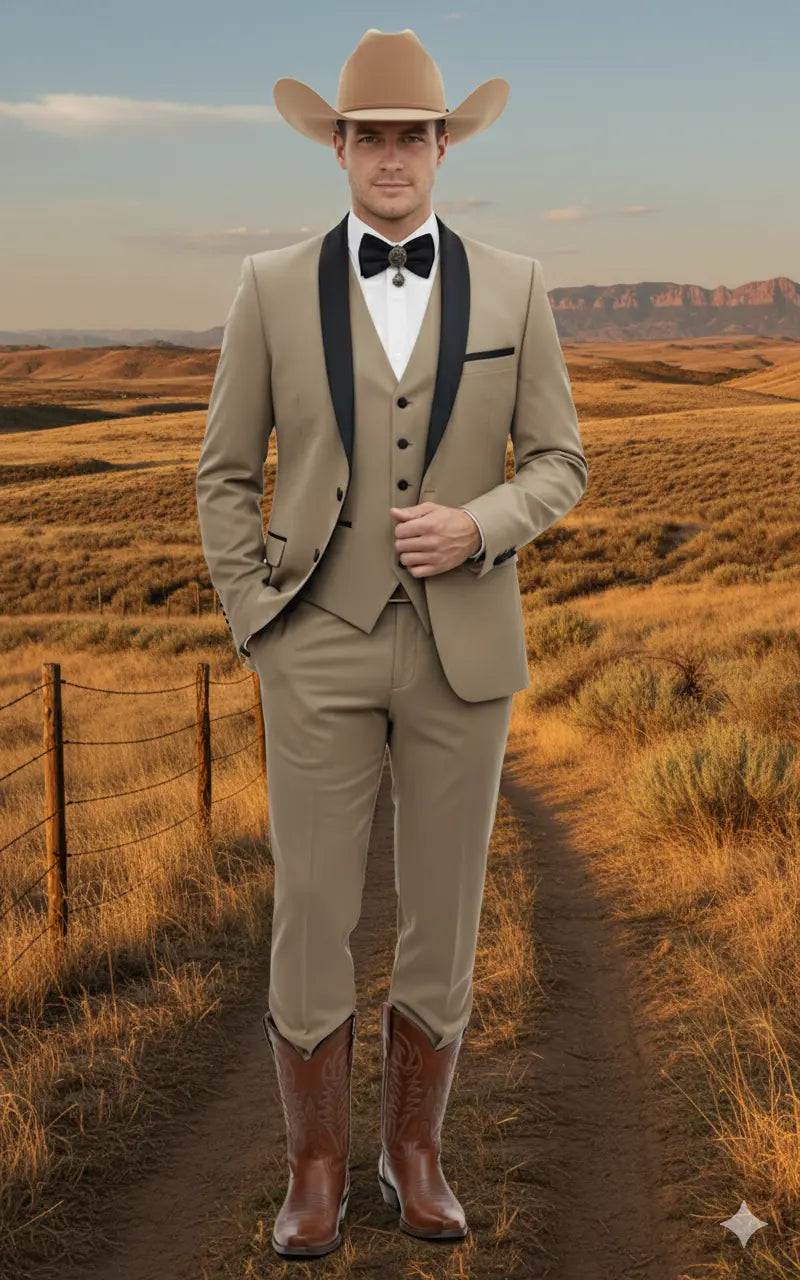 Men’s Western Cowboy Suit – 3-Piece Tan Tuxedo with Black Lapel, Vest, and Pants Beige  Color - 34 Short or Extra Small