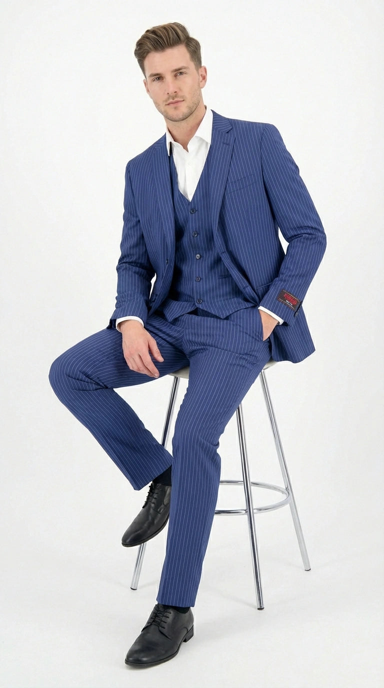 Men’s Royal Blue Pinstripe Three Piece Suit – Classic Formal 3PC Business and Wedding Suit Indigo Teal Saphire Pinstripe - 34 Short or Extra Small