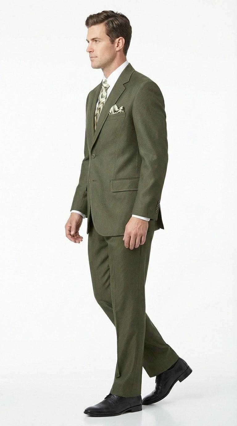 Men’s Olive Green Tuxedo With Trim Collar – Formal Wedding, Prom Suit Modern Fit - 36 Regular Jacket+30 Waist Adjustable 26to32)Height: 5'7"-6')(Neck: 14.5-16:S)