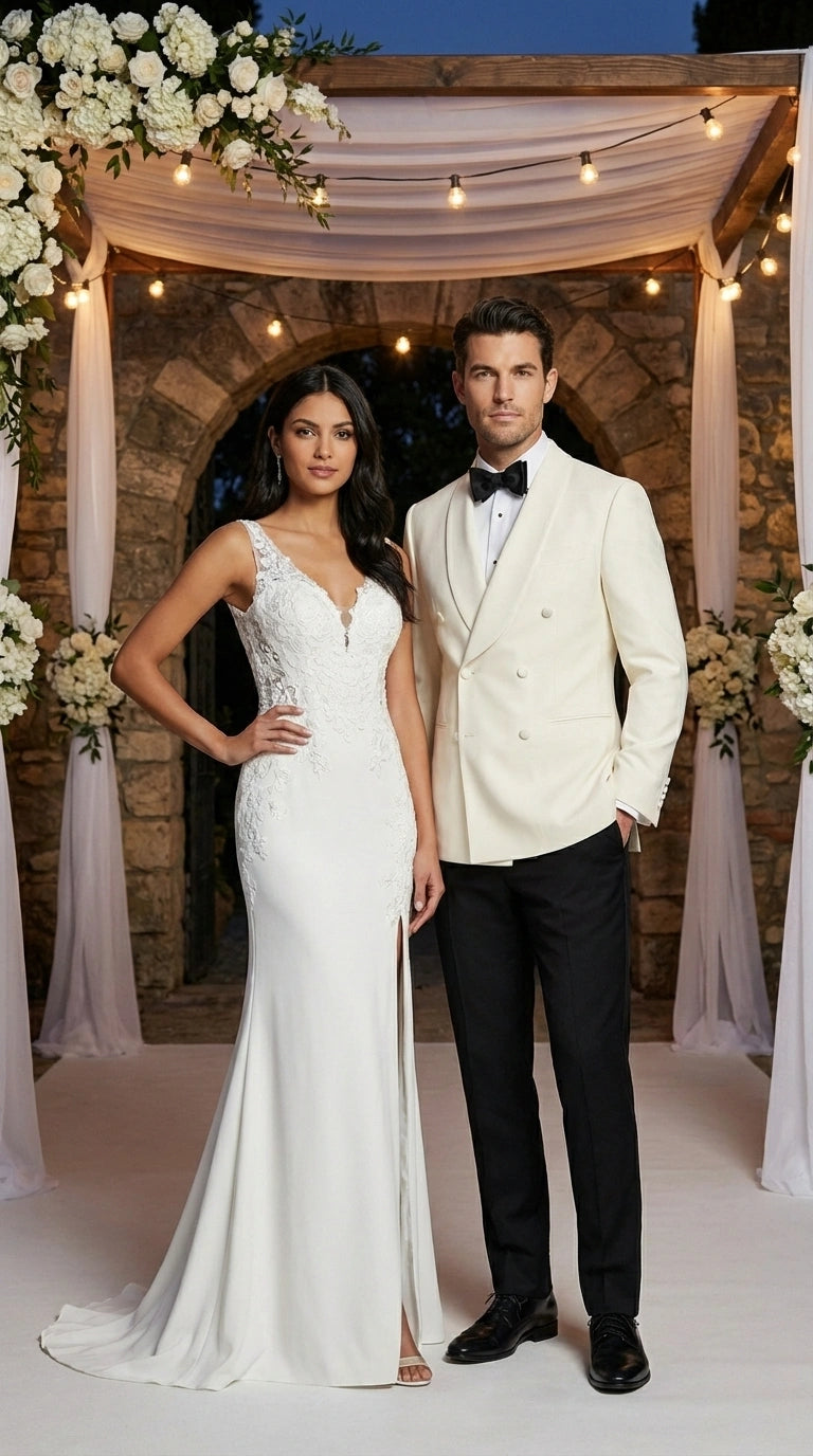 Men’s Ivory Wool Dinner Jacket – Classic Double Breasted Formal Tuxedo Jacket for Wedding and Black Tie Events - 36 Short