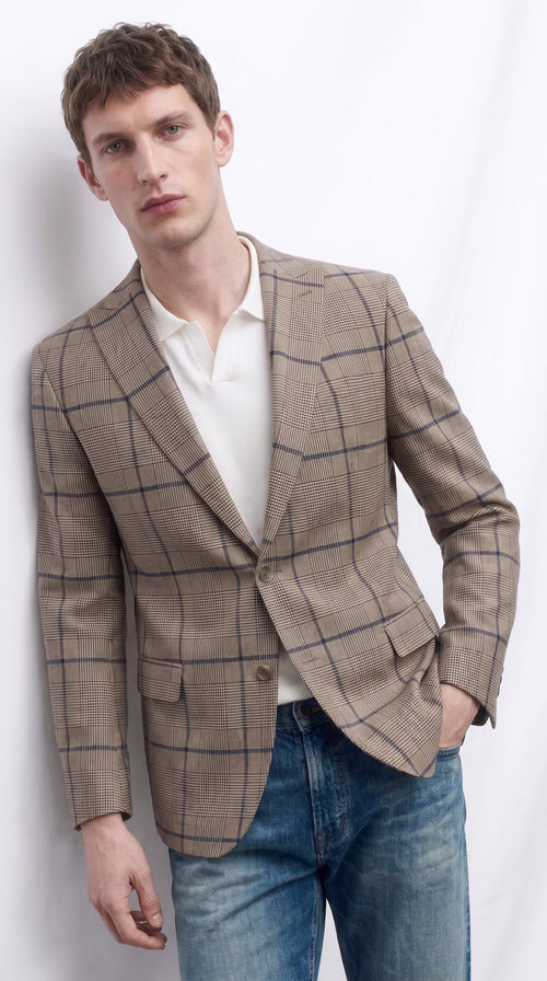 Men’s Tan Beige Peaky Blinders Glen Plaid Blazer English Style Textured Wool Winter Sport Coat Checkered Windowpane