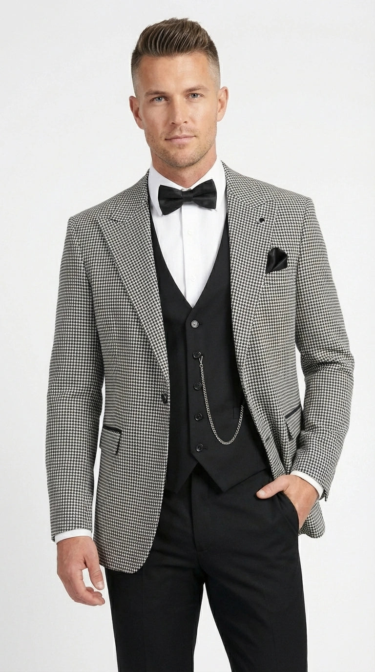 Men’s Black and White Houndstooth Gatsby Inspired Suit – Vintage Style Formal Suit for Wedding, Prom and Classic Events Blazer + Black vest + Black Pants - 34 Short or Extra Small
