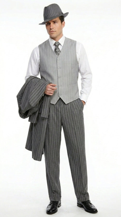 Men’s Grey Pinstripe Zoot Suit 3 Piece – 1920s Gangster Vintage Wide Lapel Suit with Vest for Wedding, Party