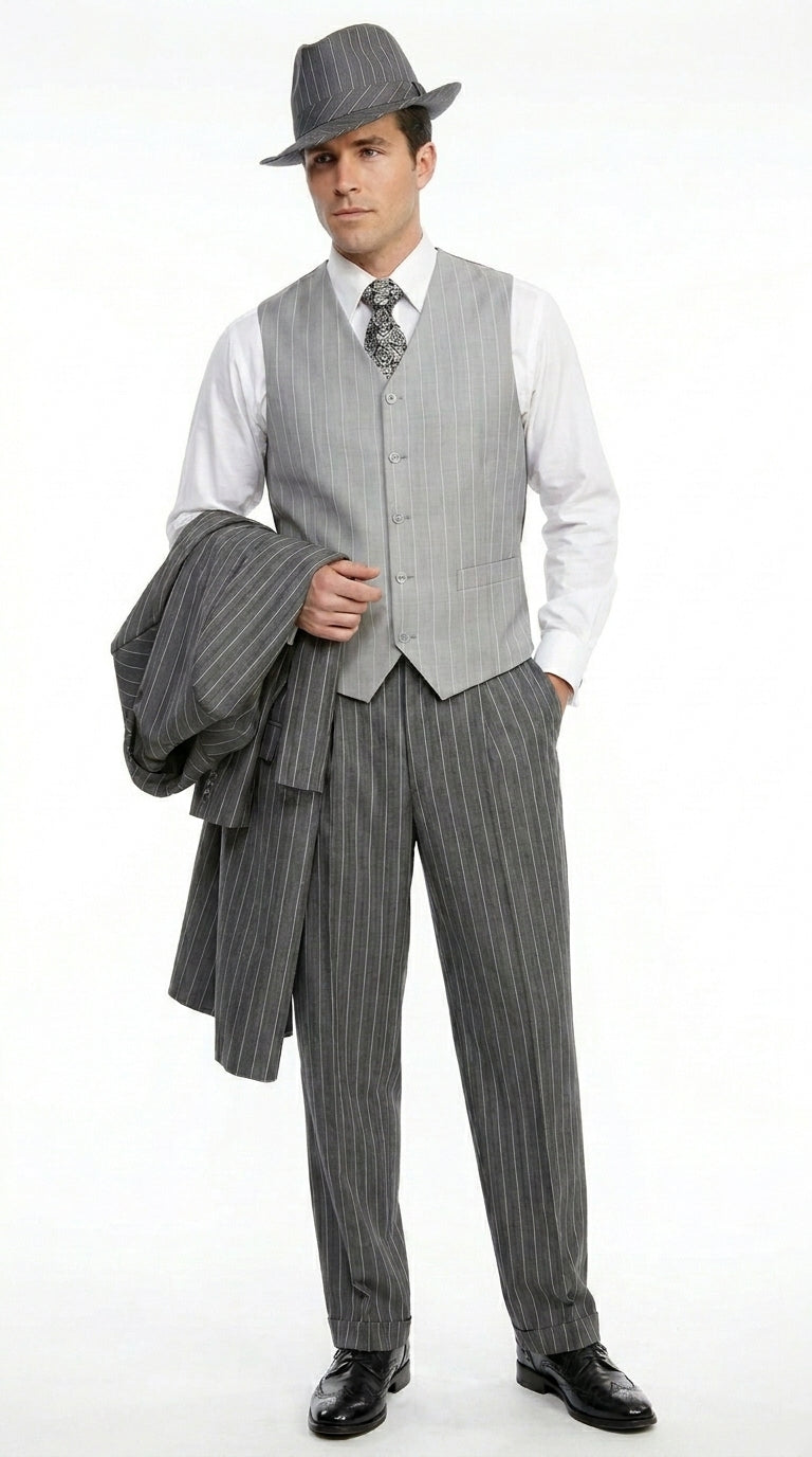 Men’s Grey Pinstripe Zoot Suit 3 Piece – 1920s Gangster Vintage Wide Lapel Suit with Vest for Wedding, Party - 34 Short or Extra Small