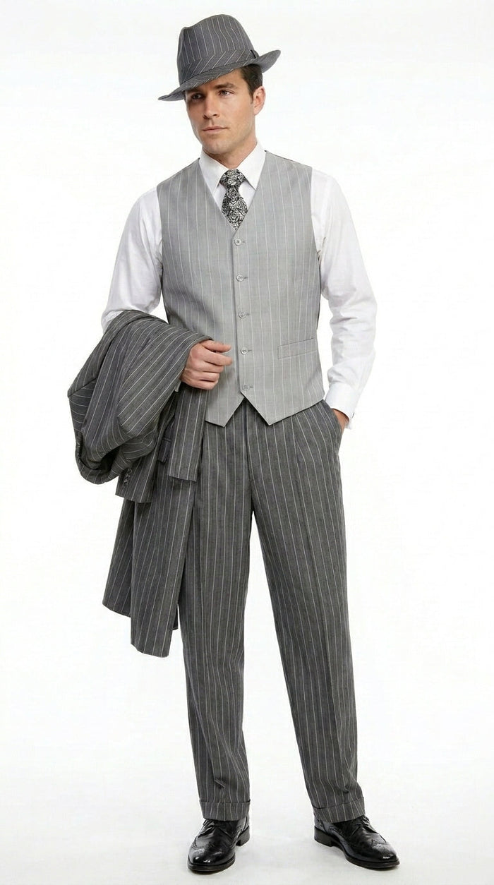 Men’s Grey Pinstripe Zoot Suit 3 Piece – 1920s Gangster Vintage Wide Lapel Suit with Vest for Wedding, Party