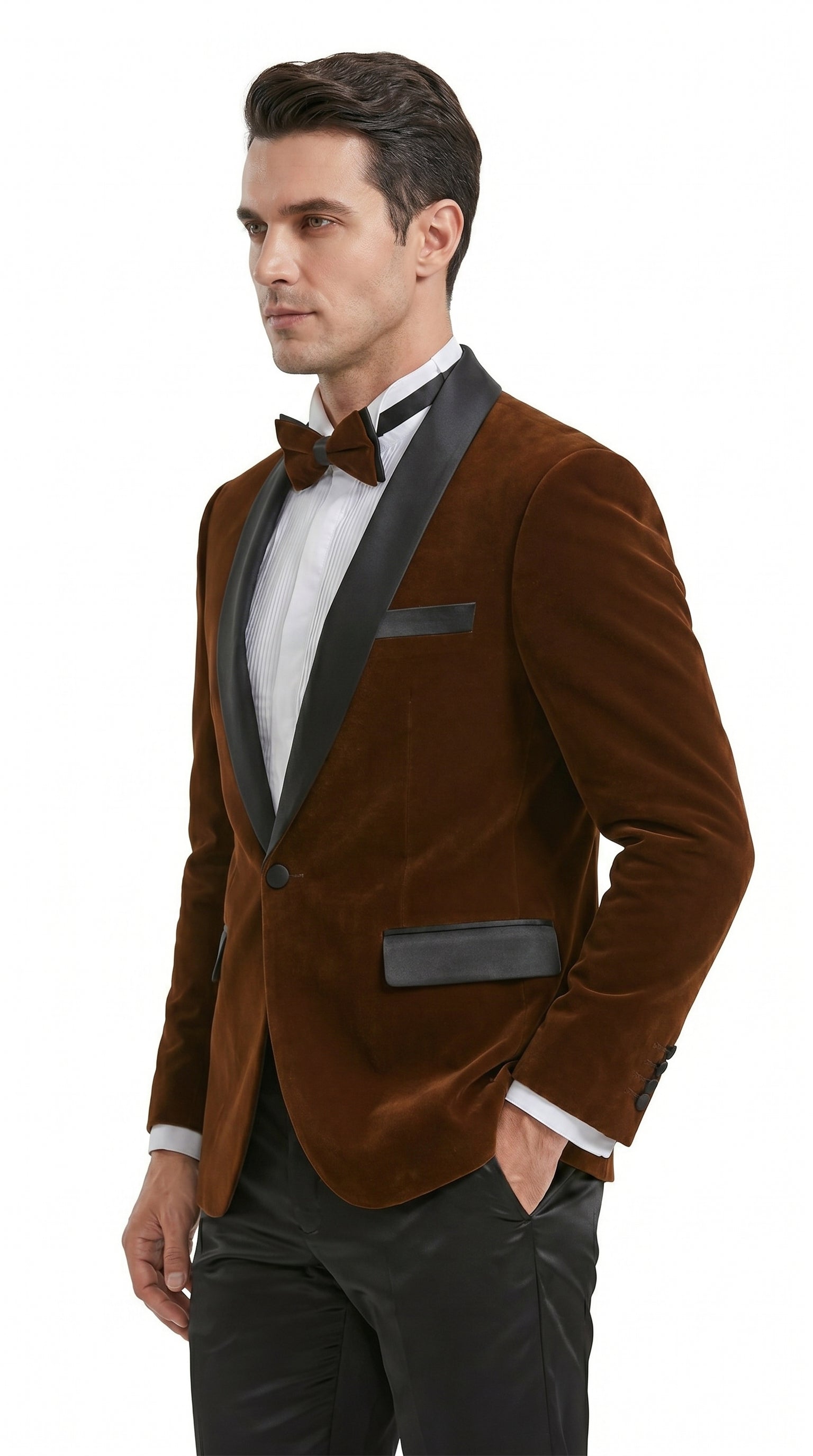 Men’s Brown Camel Bronze Velvet Tuxedo Jacket, Shawl Lapel Wedding Prom Dinner Blazer - Blazer Sportcoat - 36 Short