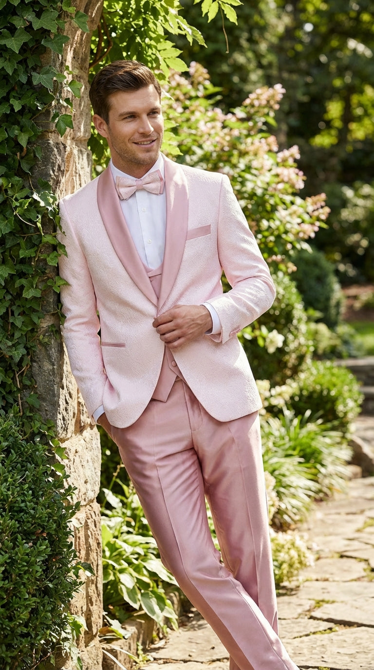 Men's Light Pink 3 Piece Tuxedo Suit Set | Shawl Lapel Formal Wedding Prom Dinner Suit in Rose Gold Color - 34 Short or Extra Small
