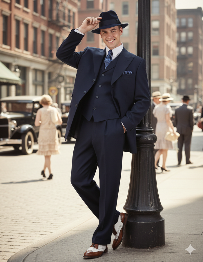 Mens 1920s Navy Blue Zoot Suit Classic Gangster 3-Piece Long  - Pleated Pants