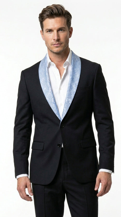 Men’s Black Suit with Light Blue Lapel – Modern Formal Tuxedo Style Suit for Wedding, Prom, Party and Sky Powder Blue Color