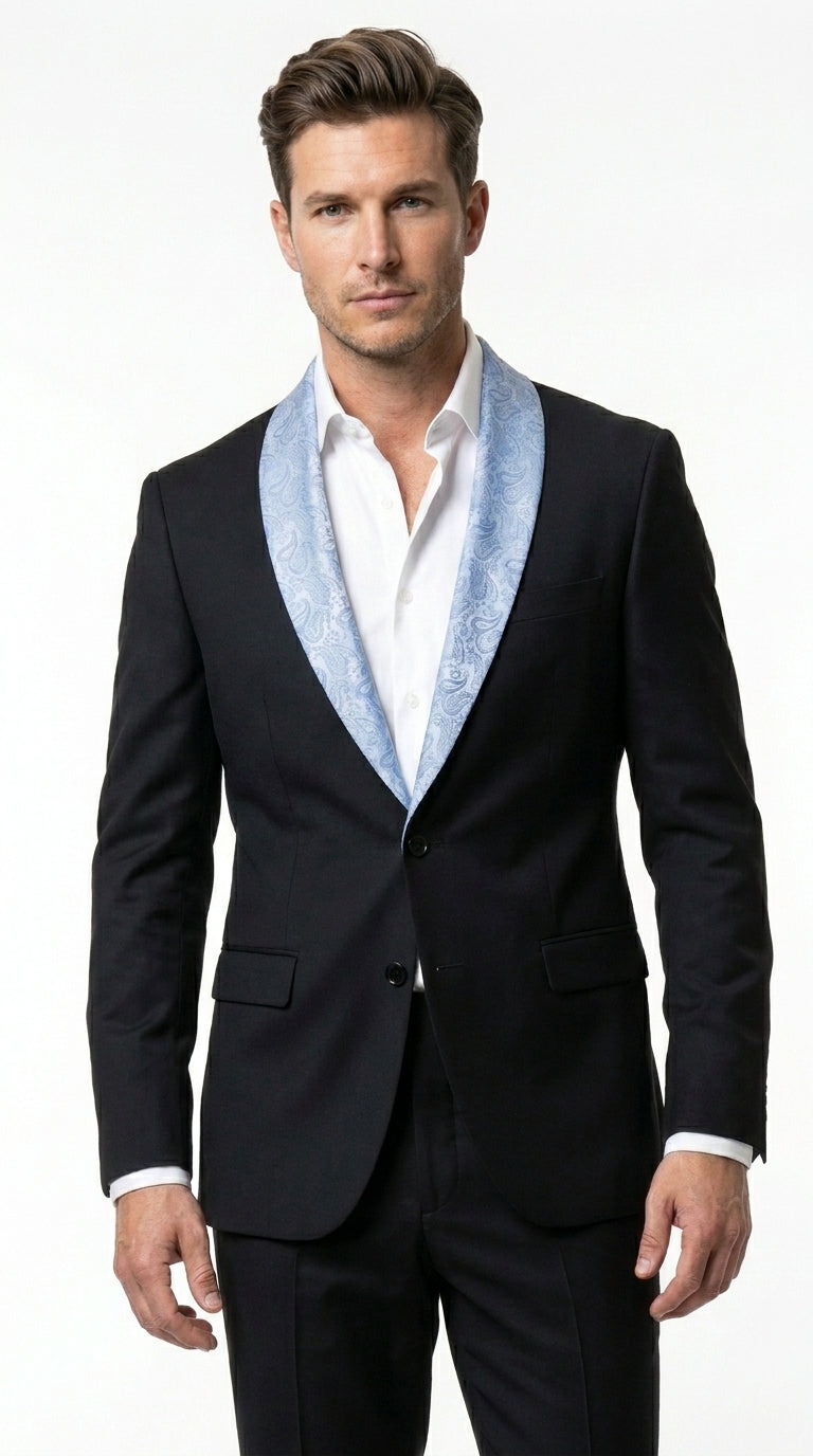 Men’s Black Suit with Light Blue Lapel – Modern Formal Tuxedo Style Suit for Wedding, Prom, Party and Sky Powder Blue Color - 34 Short or Extra Small
