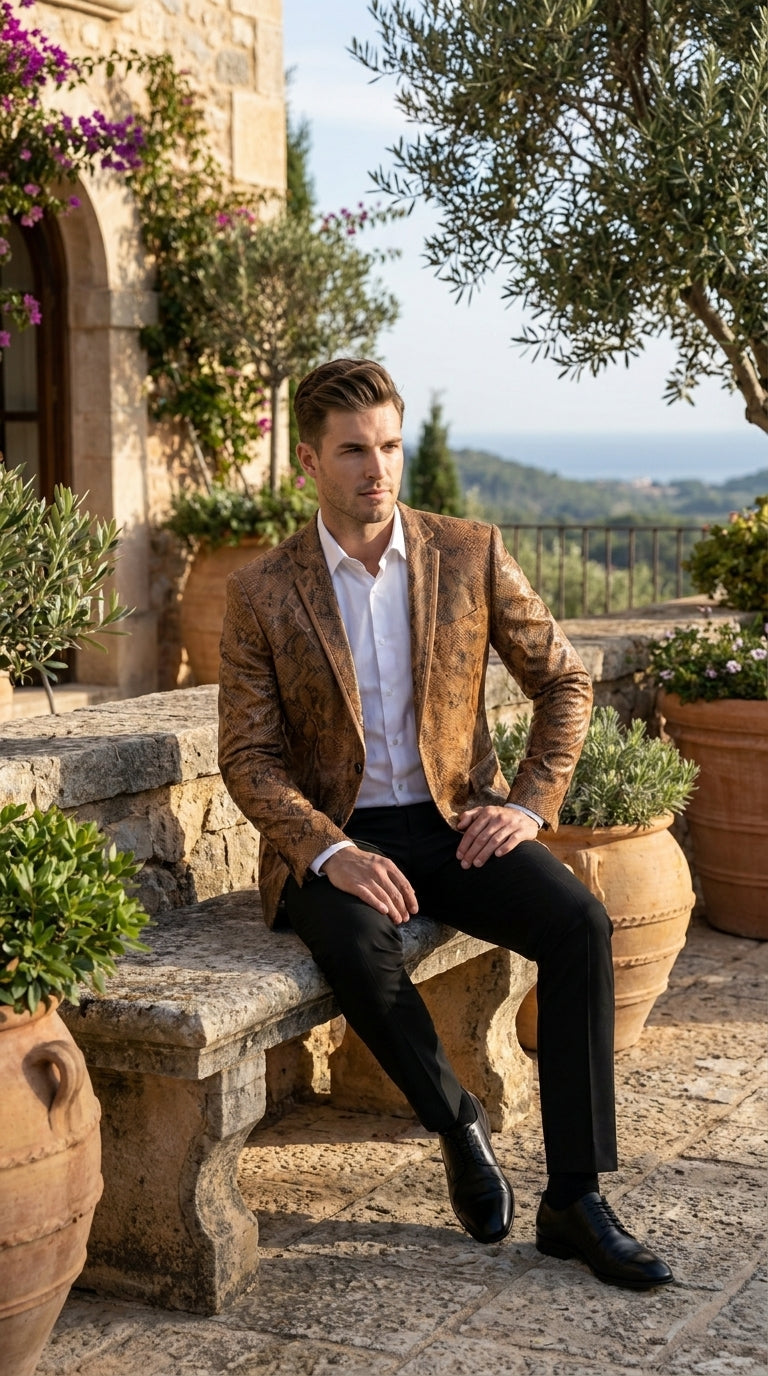 Men’s Brown Snakeskin Pattern Blazer – Stylish Exotic Print Formal Blazer Jacket for Party, Exotic Crocodile Alligator Print - 36 Short