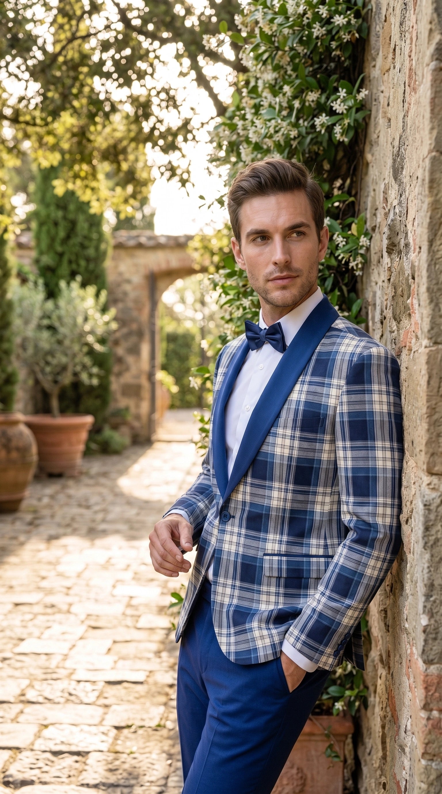 Men’s Tartan Blue Plaid and Solid Blue Tuxedo – Modern Check Pattern Formal Suit for New Year - Christmas - Holiday Jacket with Pants - 34 Short or Extra Small