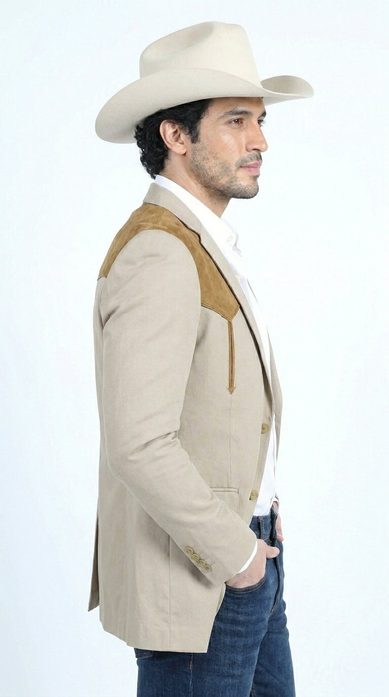 Men’s Khaki Western Blazer with Suede Yokes, Cowboy Sport Coat , Ranch and Country Events in Tan Khaki Color By Platini - 36 Short
