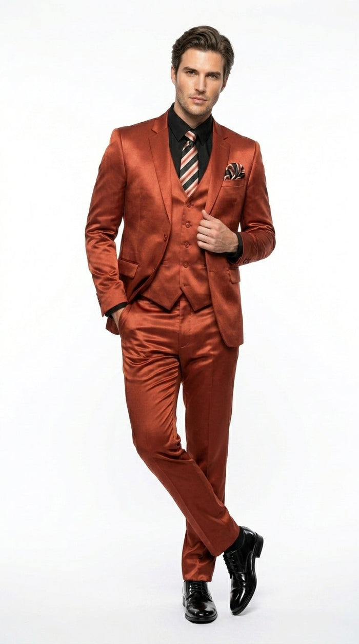Men’s Rust Copper Coganc Shiny Sateen 3 Piece Suit, Vested Formal Wedding Prom Suit Set Ultra Slim Fit