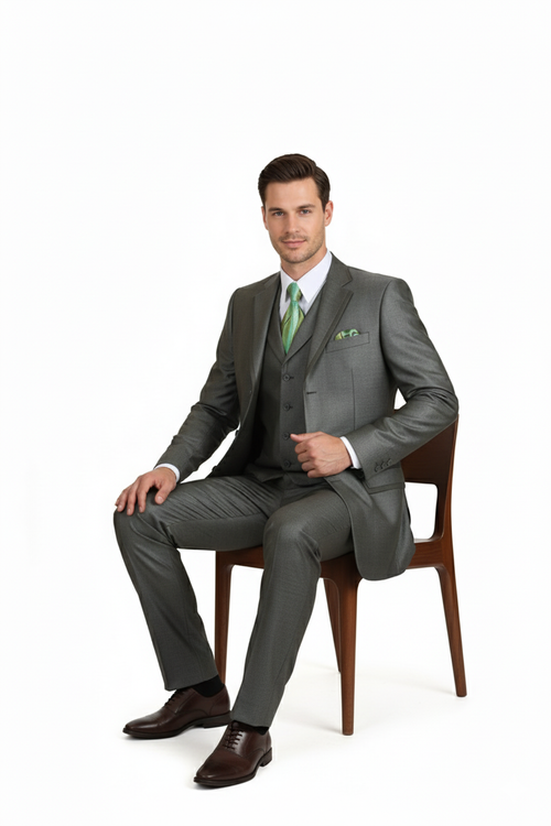Mens Olive Green 3-Piece Suit Classic Fit with Vest and Tie Pleated Pants Three Buttons
