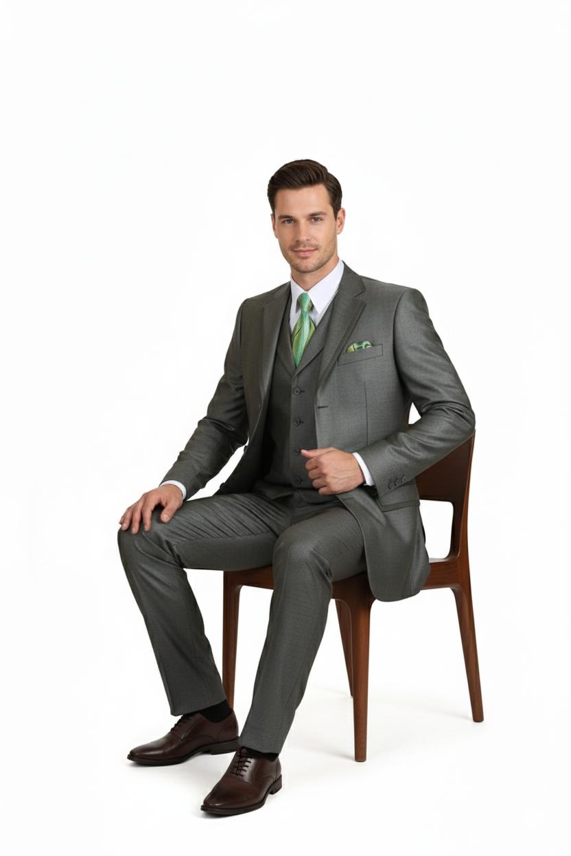 Men’s Olive Green 3-Piece Suit – Classic Fit with Vest and Tie Pleated Pants Three Buttons - 34 Short or Extra Small